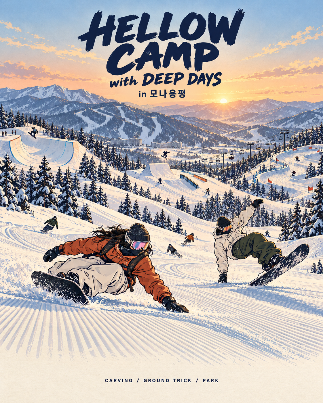 HELLOW CAMP with DEEP DAYS in 모나용평. 일출을 배경으로 눈 덮인 슬로프에서 스노보드를 즐기는 캠프 포스터.