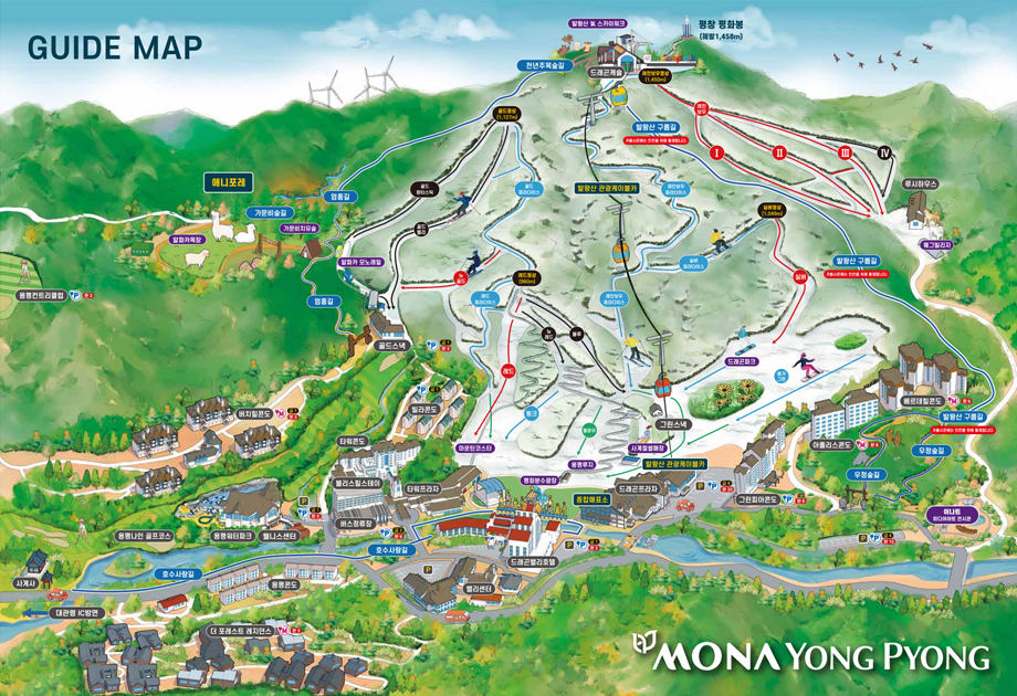 모나용평 공식 리조트 안내도. 타워콘도는 지도 하단 중앙 왼쪽에 표시되어 있습니다.